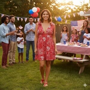 House of‎ Harlow 1960 Revolve Bandana Print Dress Women Large Red Linen Floral